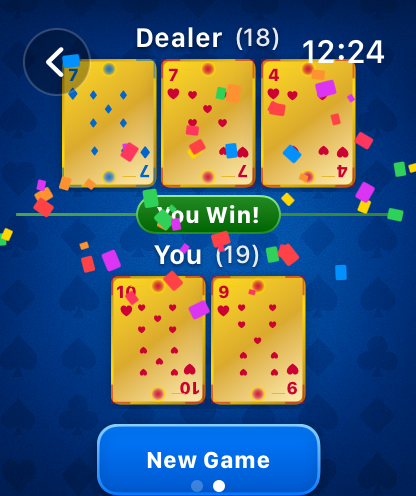 Blackjack Flash gameplay showing a winning hand